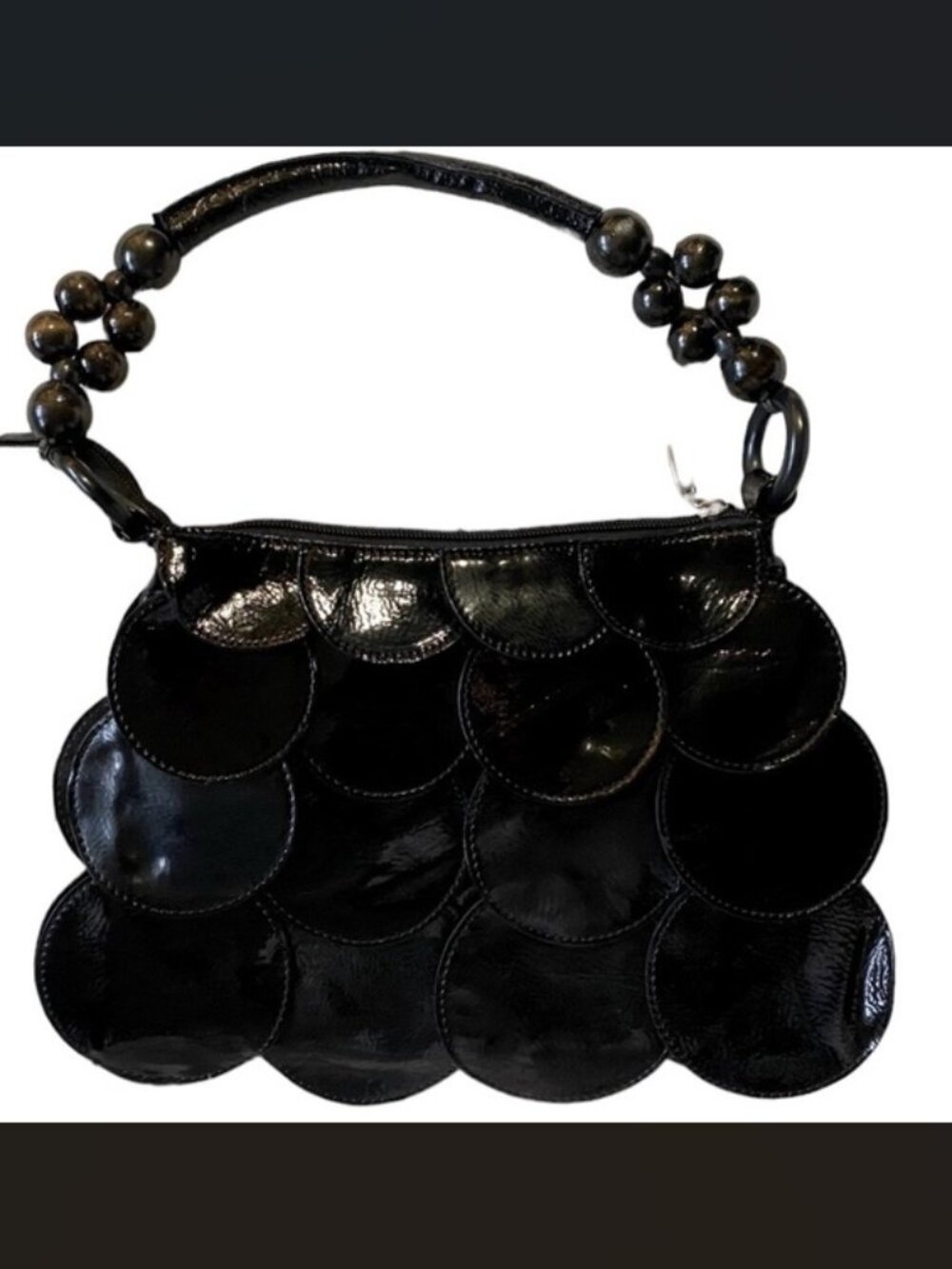 Black Patent Scallop Circle Faux Leather Bag